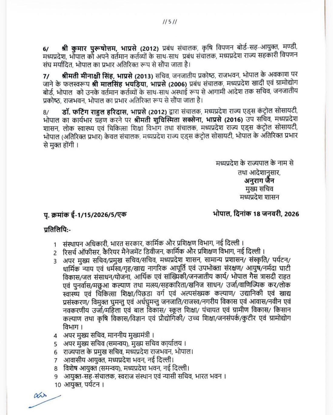 18 जनवरी 2026 को जारी मध्यप्रदेश शासन के आदेश की कॉपी। प्रशासनिक फेरबदल से जुड़े सभी IAS अधिकारियों की सूची एवं पद विवरण।