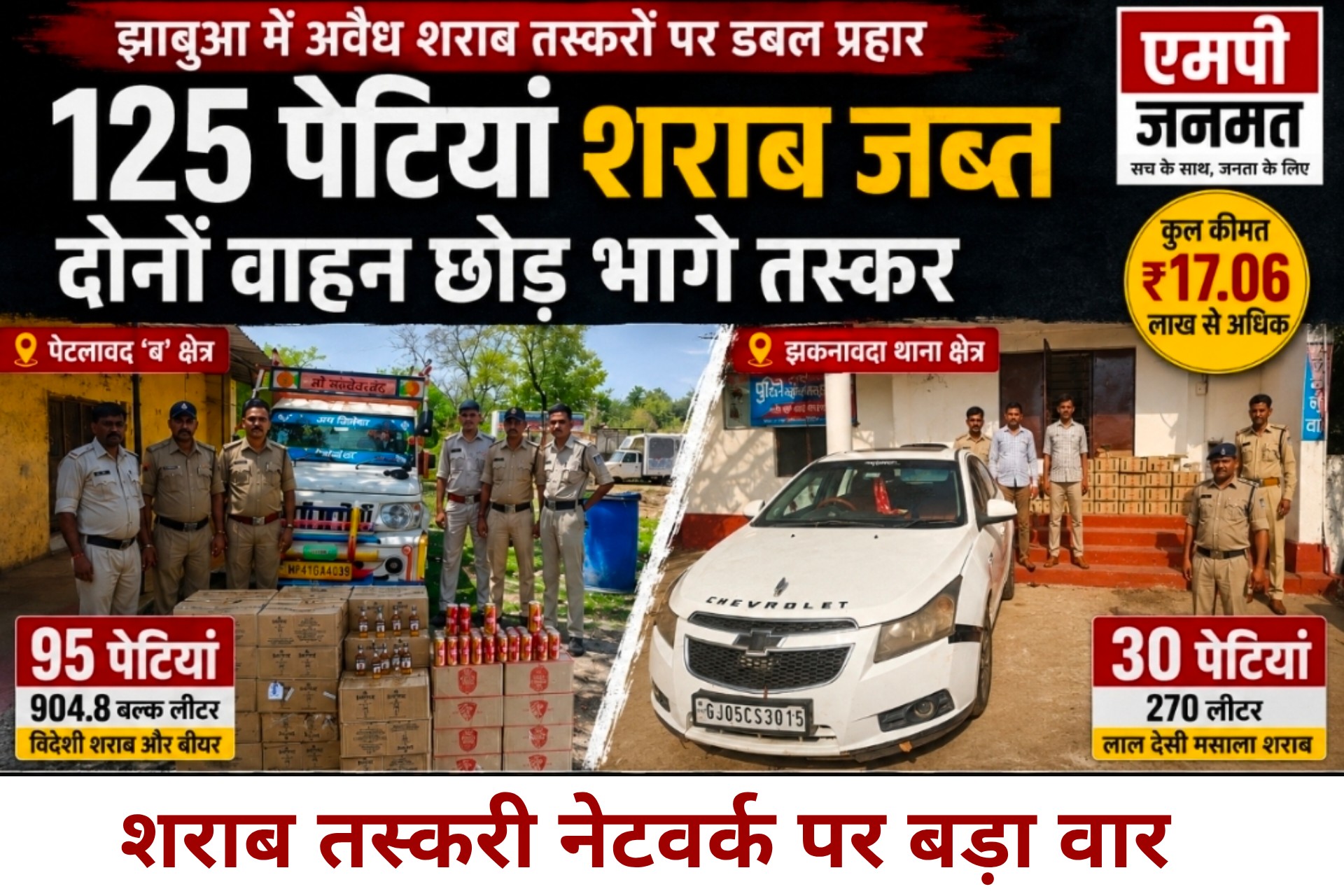 झाबुआ जिले में अवैध शराब तस्करों पर डबल प्रहार... एक रात में 125 पेटियां शराब जब्त, वाहन छोड़कर भागे तस्कर...